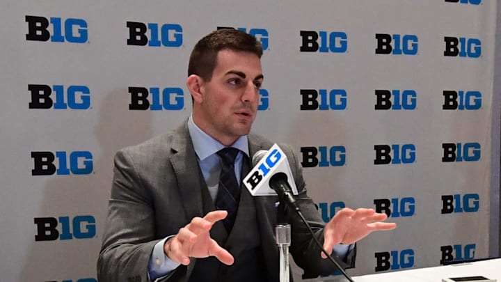 Jul 25, 2017; Chicago, IL, USA; Purdue quarterback David Blough addresses the media during the Big Ten football media day at Hyatt Regency McCormick Place. Mandatory Credit: Patrick Gorski-Imagn Images Jul 25, 2017; Chicago, IL, USA; Purdue quarterback David Blough addresses the media during the Big Ten football media day at Hyatt Regency McCormick Place. Mandatory Credit: Patrick Gorski-Imagn Images