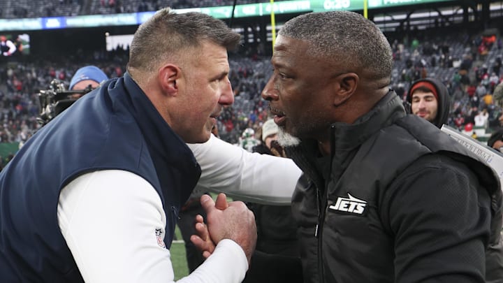 Dec 28, 2025; East Rutherford, New Jersey, USA; New England Patriots head coach Mike Vrabel and New York Jets head coach Aaron Glenn shake hands after the game at MetLife Stadium. Mandatory Credit: Vincent Carchietta-Imagn Images