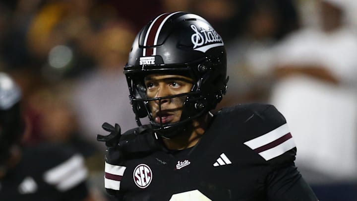 Sep 6, 2025; Starkville, Mississippi, USA; Mississippi State Bulldogs wide receiver Brenen Thompson (0) reacts after a touchdown during the fourth quarter against the Arizona State Sun Devils at Davis Wade Stadium at Scott Field. Mandatory Credit: Petre Thomas-Imagn Images