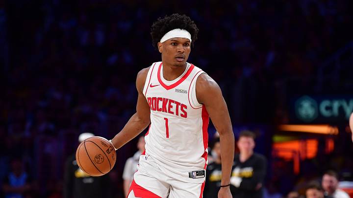 Apr 29, 2026; Los Angeles, California, USA; Houston Rockets guard Amen Thompson (1) moves the ball against the Los Angeles Lakers during the second half in game five of the first round of the 2026 NBA Playoffs at Crypto.com Arena. Mandatory Credit: Gary A. Vasquez-Imagn Images