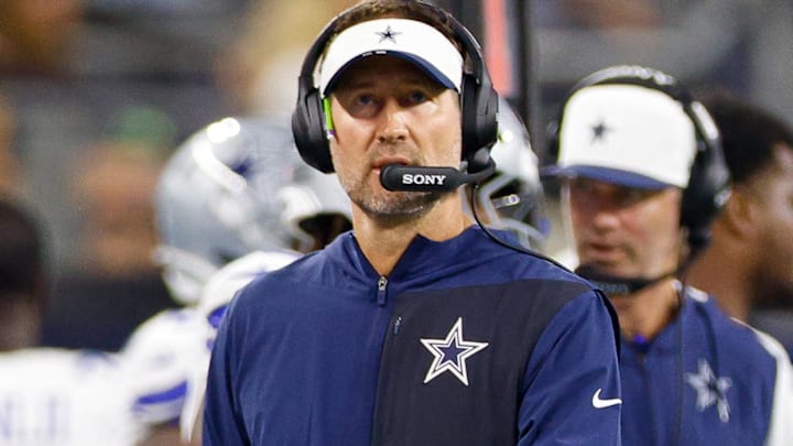Dallas Cowboys head coach Brian Schottenheimer looks on during the second quarter against the Atlanta Falcons at AT&T Stadium.