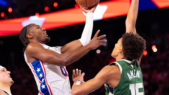 Oct 24, 2026; Philadelphia, Pennsylvania, USA; Philadelphia 76ers guard Tyrese Maxey (0) drives for a sot against Milwaukee Bucks forward Nate Ament (15) during the first quarter at Xfinity Mobile Arena. Mandatory Credit: Bill Streicher-Imagn Images Oct 24, 2026; Philadelphia, Pennsylvania, USA; Philadelphia 76ers guard Tyrese Maxey (0) drives for a sot against Milwaukee Bucks forward Nate Ament (15) during the first quarter at Xfinity Mobile Arena. Mandatory Credit: Bill Streicher-Imagn Images