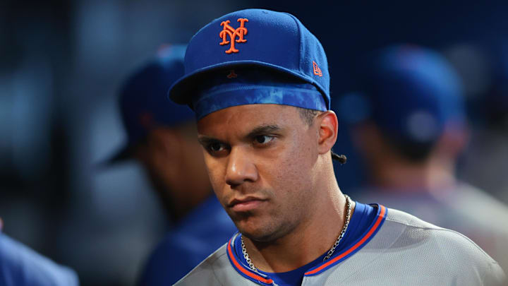 Sep 28, 2025; Miami, Florida, USA; New York Mets right fielder Juan Soto (22) looks on after the game against the Miami Marlins at loanDepot Park. Mandatory Credit: Sam Navarro-Imagn Images