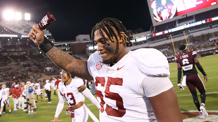 Sep 30, 2023; Starkville, Mississippi, USA; Alabama Crimson Tide offensive lineman JC Latham (65)