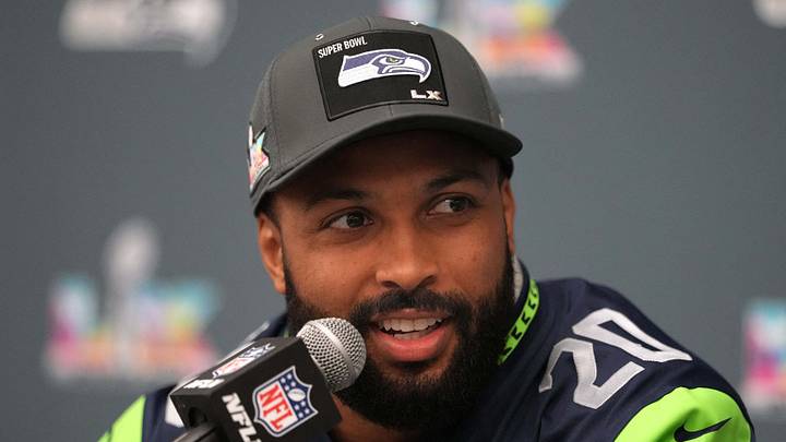 Seattle Seahawks safety Julian Love talks to the media