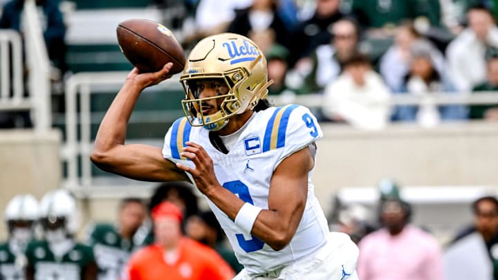UCLA's Nico Iamaleava throws a pass against Michigan State during the third quarter on Saturday, Oct. 11, 2025, at Spartan Stadium in East Lansing.