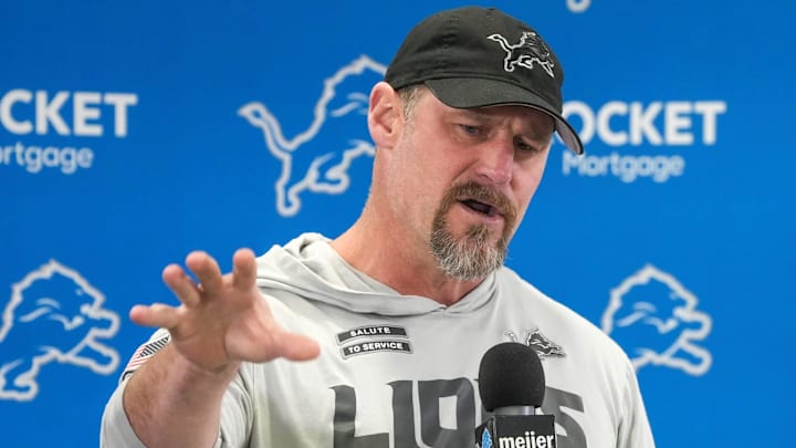 Detroit Lions head coach Dan Campbell speaks to members of the media at the Detroit Lions practice facility in Allen Park on Monday, Jan. 20, 2025, following his team’s NFC divisional playoff loss.