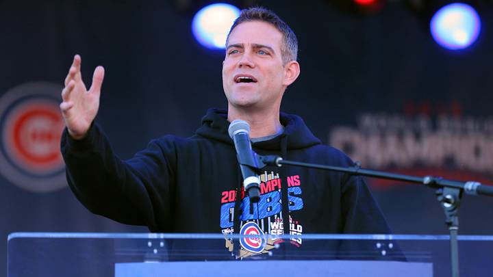 Nov 4, 2016; Chicago, IL, USA; Chicago Cubs  president of baseball operations Theo Epstein talks during the World Series victory rally in Grant Park. Mandatory Credit: Dennis Wierzbicki-Imagn Images