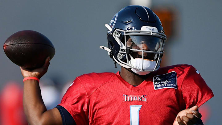 Tennessee Titans quarterback Cam Ward (1) throws the ball during an NFL football training camp practice at Ascension Saint Thomas Sports Park Saturday, Aug. 2, 2025, in Nashville, Tenn. Tennessee Titans quarterback Cam Ward (1) throws the ball during an NFL football training camp practice at Ascension Saint Thomas Sports Park Saturday, Aug. 2, 2025, in Nashville, Tenn.