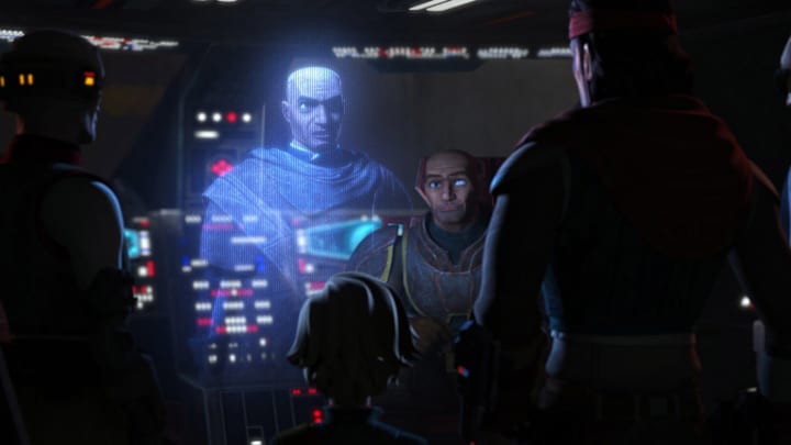 (L-R): Echo, Captain Rex, Omega, Wrecker, Hunter, and, Tech in a scene from "STAR WARS: THE BAD BATCH", season 2 exclusively on Disney+. © 2022 Lucasfilm Ltd. & ™. All Rights Reserved.