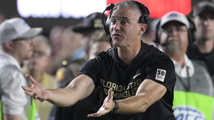 Oct 4, 2025; Tallahassee, Florida, USA; Florida State Seminoles head coach Mike Norvell during the first half against the Miami Hurricanes at Doak S. Campbell Stadium. Mandatory Credit: Melina Myers-Imagn Images Oct 4, 2025; Tallahassee, Florida, USA; Florida State Seminoles head coach Mike Norvell during the first half against the Miami Hurricanes at Doak S. Campbell Stadium. Mandatory Credit: Melina Myers-Imagn Images