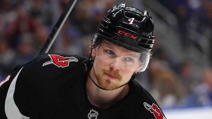 Apr 6, 2026; Buffalo, New York, USA;  Buffalo Sabres defenseman Bowen Byram (4) during a stoppage in play against the Tampa Bay Lightning at KeyBank Center. Mandatory Credit: Timothy T. Ludwig-Imagn Images