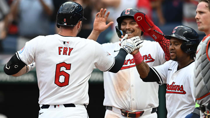 Aug 1, 2024; Cleveland, Ohio, USA; Cleveland Guardians designated hitter David Fry (6) celebrates with first baseman Josh Naylor (22) and third baseman Jose Ramirez (11) after hitting a three-run home run as Baltimore Orioles catcher Adley Rutschman (35) looks on during the third inning against the Baltimore Orioles at Progressive Field. Mandatory Credit: Ken Blaze-Imagn Images