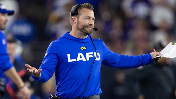 Jan 13, 2025; Glendale, AZ, USA; Los Angeles Rams head coach Sean McVay reacts against the Minnesota Vikings during an NFC wild card game at State Farm Stadium. Mandatory Credit: Mark J. Rebilas-Imagn Images