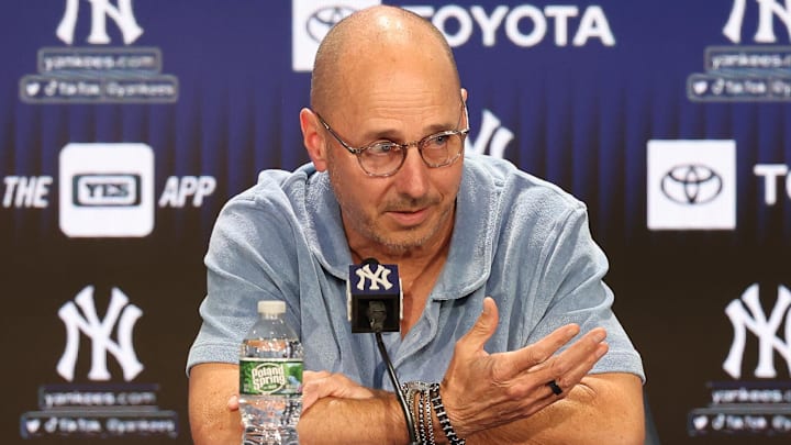 Aug 23, 2023; Bronx, New York, USA; New York Yankees general manager Brian Cashman talks with the media before the game between the Yankees and the Washington Nationals at Yankee Stadium. Mandatory Credit: Vincent Carchietta-Imagn Images Aug 23, 2023; Bronx, New York, USA; New York Yankees general manager Brian Cashman talks with the media before the game between the Yankees and the Washington Nationals at Yankee Stadium. Mandatory Credit: Vincent Carchietta-Imagn Images