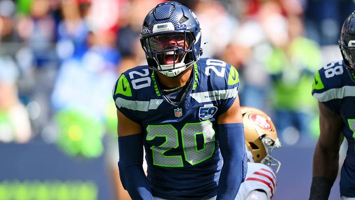 Seattle Seahawks safety Julian Love celebrates after a play during the first half against the San Francisco 49ers. Seattle Seahawks safety Julian Love celebrates after a play during the first half against the San Francisco 49ers.