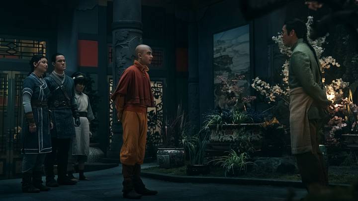 (L to R) Kiawentiio Tarbell as Katara, Ian Ousley as Sokka, Miyako as Toph, Gordon Cormier as Aang, Justin Chien as King Kuei in season 2 of Avatar: The Last Airbender.