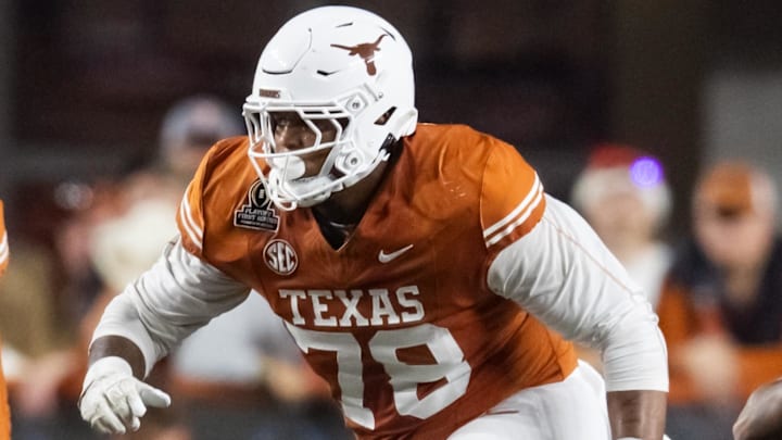 Dec 21, 2024; Austin, Texas, USA; Texas Longhorns offensive lineman Kelvin Banks Jr. (78) against the Clemson Tigers during the CFP National playoff first round at Darrell K Royal-Texas Memorial Stadium. Mandatory Credit: Mark J. Rebilas-Imagn Images Dec 21, 2024; Austin, Texas, USA; Texas Longhorns offensive lineman Kelvin Banks Jr. (78) against the Clemson Tigers during the CFP National playoff first round at Darrell K Royal-Texas Memorial Stadium. Mandatory Credit: Mark J. Rebilas-Imagn Images