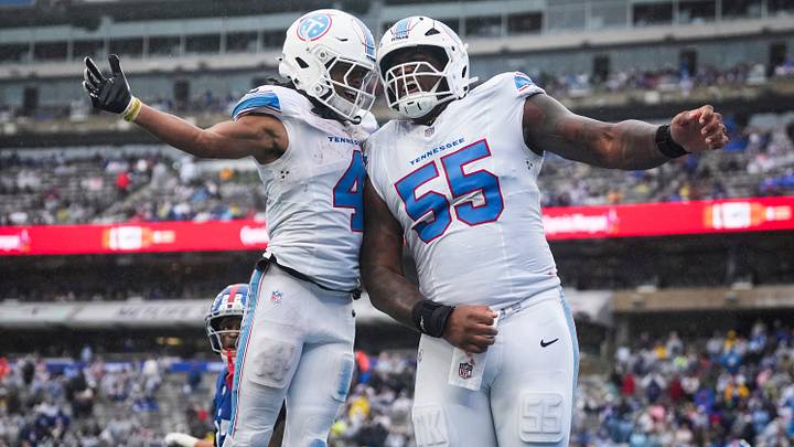 Tennessee Titans wide receiver Wan'Dale Robinson (4) celebrates with Tennessee Titans tackle JC Latham (55) after scoring a touchdown during a game against there New York Giants at MetLife Stadium, Sep 27, 2026, East Rutherford, NJ, USA. Tennessee Titans wide receiver Wan'Dale Robinson (4) celebrates with Tennessee Titans tackle JC Latham (55) after scoring a touchdown during a game against there New York Giants at MetLife Stadium, Sep 27, 2026, East Rutherford, NJ, USA.