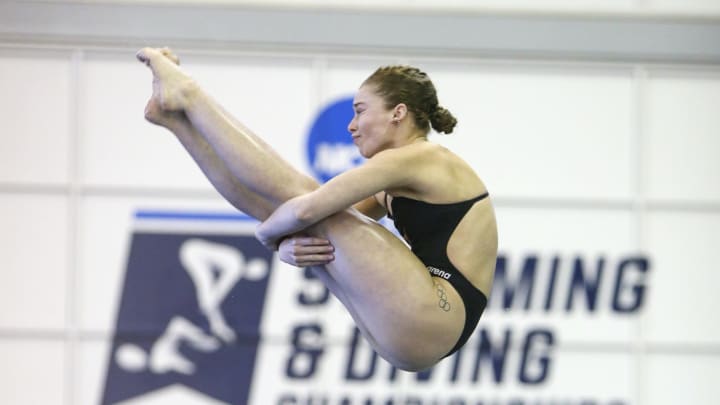 Mar 17, 2022; Atlanta, Georgia, USA; Texas Longhorns diver Hailey Hernandez competes at the NCAA Womens Swimming & Diving Championships at Georgia Tech. Mandatory Credit: Brett Davis-USA TODAY Sports
