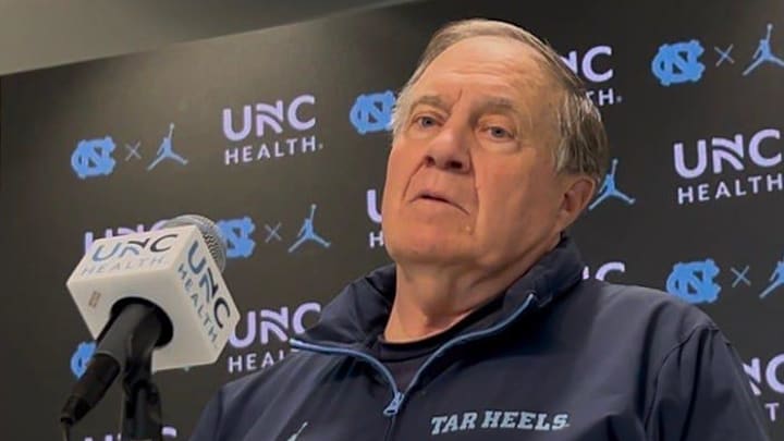 UNC football coach Bill Belichick during a press conference ahead of the Tar Heels' first spring practice on Tuesday, March 24, 2026.