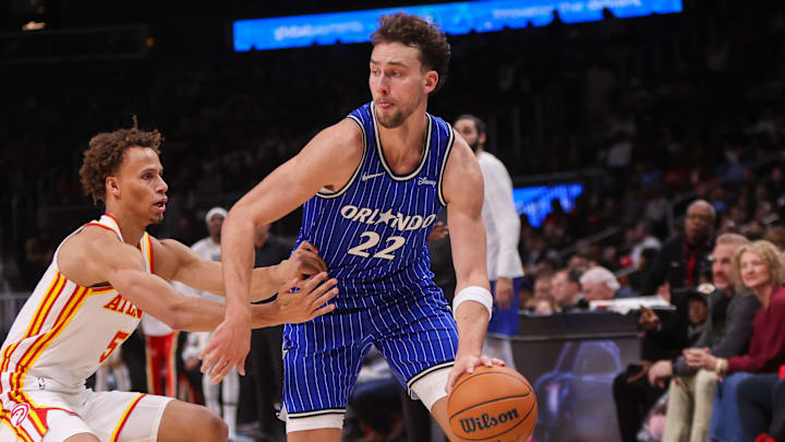 Nov 4, 2025; Atlanta, Georgia, USA; Atlanta Hawks guard Dyson Daniels (5) defends Orlando Magic forward Franz Wagner (22) in the first quarter at State Farm Arena. Mandatory Credit: Brett Davis-Imagn Images Nov 4, 2025; Atlanta, Georgia, USA; Atlanta Hawks guard Dyson Daniels (5) defends Orlando Magic forward Franz Wagner (22) in the first quarter at State Farm Arena. Mandatory Credit: Brett Davis-Imagn Images
