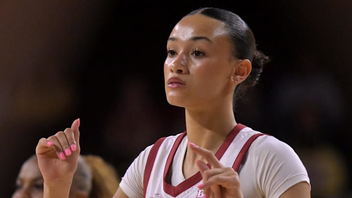 Jan 29, 2026; Los Angeles, California, USA;  USC Trojans guard Jazzy Davidson (9) warms up prior to the game against the Iowa Hawkeyes at Galen Center. Mandatory Credit: Jayne Kamin-Oncea-Imagn Images