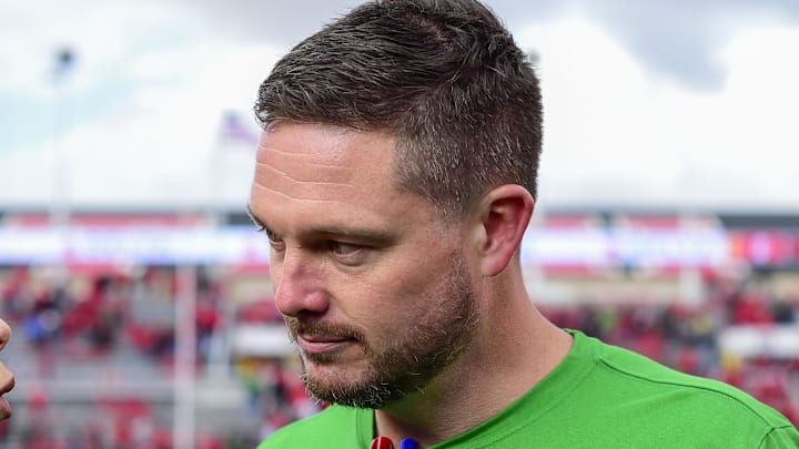 Oct 28, 2023; Salt Lake City, Utah, USA; Oregon Ducks head coach Dan Lanning is interviewed by Fox Sports after defeating the Utah Ute at Rice-Eccles Stadium. Mandatory Credit: Christopher Creveling-Imagn Images