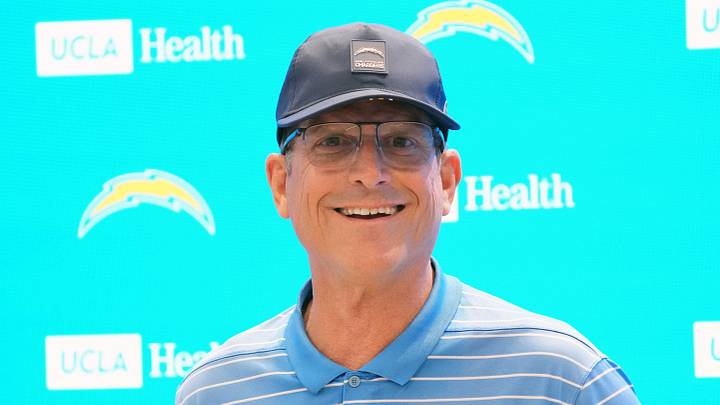 Jul 17, 2025; El Segundo, CA, USA; Los Angeles Chargers coach Jim Harbaugh at press conference during training camp at The Bolt. Mandatory Credit: Kirby Lee-Imagn Images