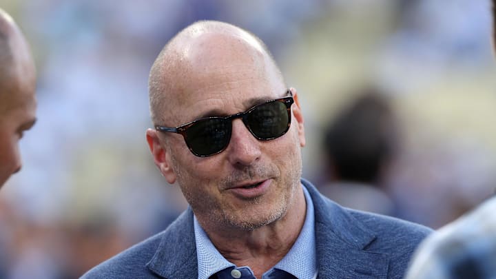 Oct 26, 2024; Los Angeles, California, USA; New York Yankees general manger Brian Cashman before game two of the 2024 MLB World Series at Dodger Stadium. Mandatory Credit: Kiyoshi Mio-Imagn Images
