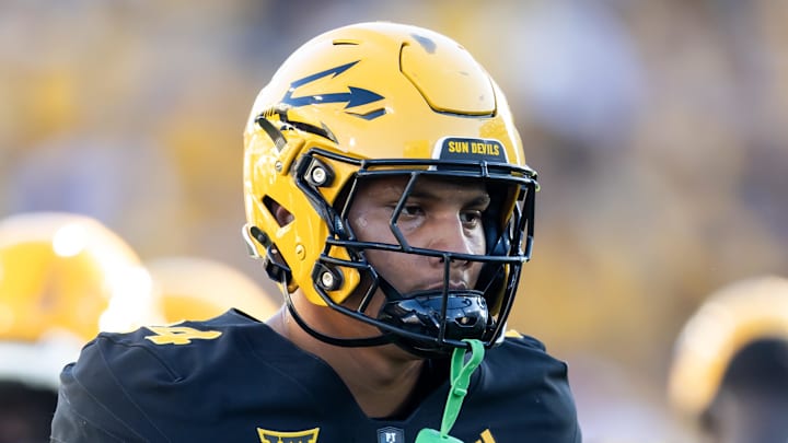 Oct 25, 2025; Tempe, Arizona, USA; Arizona State Sun Devils tight end AJ Ia (14) against the Houston Cougars at Mountain America Stadium. Mandatory Credit: Mark J. Rebilas-Imagn Images