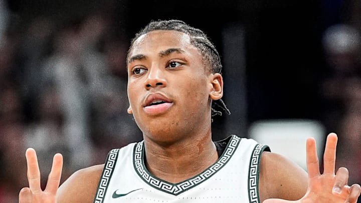 Michigan State guard Jeremy Fears Jr. celebrates a 3-pointer against UCLA during the first half of a Big Ten tournament quarterfinal at United Center in Chicago on Friday, March 13, 2026.