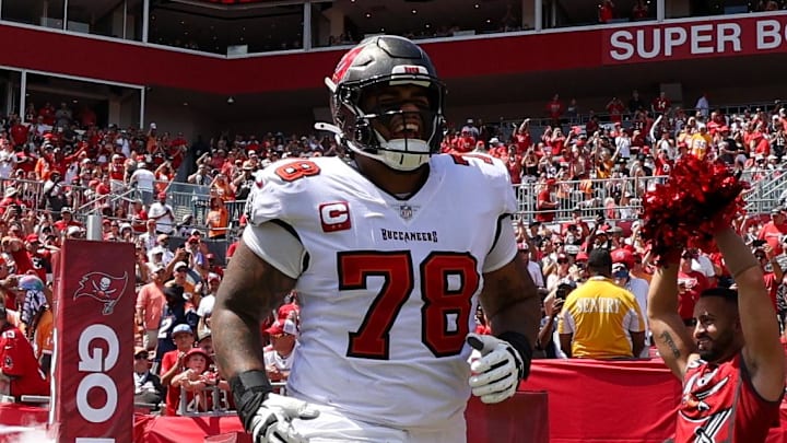 Sep 22, 2024; Tampa, Florida, USA; Tampa Bay Buccaneers quarterback Baker Mayfield (6) and offensive tackle Tristan Wirfs (78) take the field for a game against the Denver Broncos at Raymond James Stadium. Mandatory Credit: Nathan Ray Seebeck-Imagn Images Sep 22, 2024; Tampa, Florida, USA; Tampa Bay Buccaneers quarterback Baker Mayfield (6) and offensive tackle Tristan Wirfs (78) take the field for a game against the Denver Broncos at Raymond James Stadium. Mandatory Credit: Nathan Ray Seebeck-Imagn Images