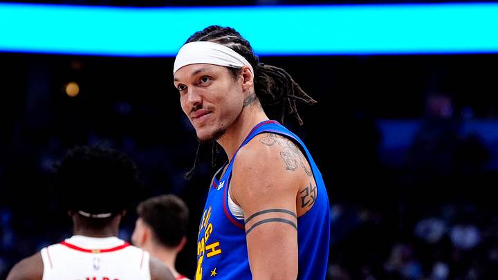 Mar 11, 2026; Denver, Colorado, USA; Denver Nuggets forward Aaron Gordon (32) reacts to a offensive foul called on the Houston Rockets during the second quarter at Ball Arena. Mandatory Credit: Ron Chenoy-Imagn Images