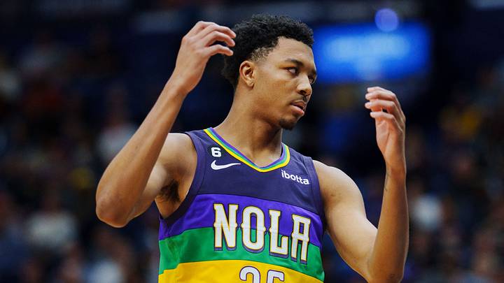 Jan 24, 2023; New Orleans, Louisiana, USA; New Orleans Pelicans guard Trey Murphy III (25) reacts to a call against the Denver Nuggets during the second quarter at Smoothie King Center. Mandatory Credit: Andrew Wevers-USA TODAY Sports