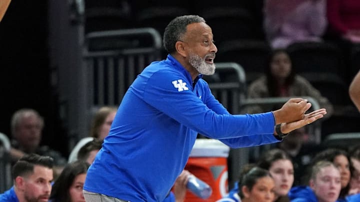 Feb 9, 2026; Austin, Texas, USA; Kentucky Wildcats head coach Kenny Brooks reacts to a team foul during the second half against the Texas Longhorns at Moody Center. Mandatory Credit: Dustin Safranek-Imagn Images