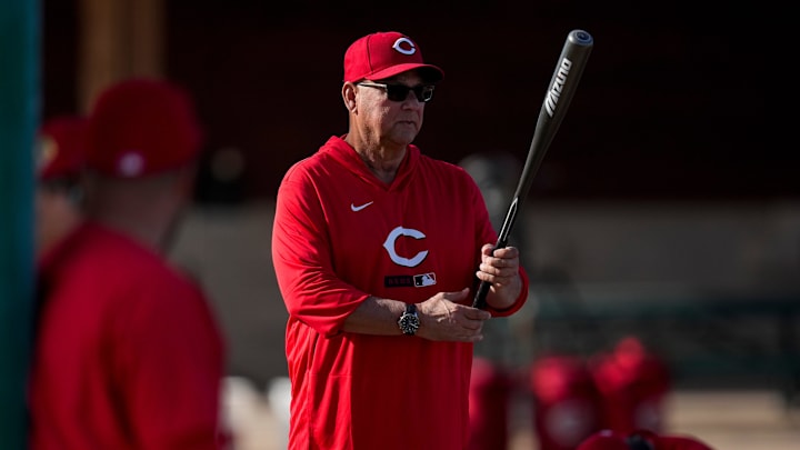 Cincinnati Reds manager Terry Francona (77) looks on during warm ups at the Cincinnati Reds player development complex in Goodyear, Ariz., on Thursday, Feb. 12, 2026. Cincinnati Reds manager Terry Francona (77) looks on during warm ups at the Cincinnati Reds player development complex in Goodyear, Ariz., on Thursday, Feb. 12, 2026.