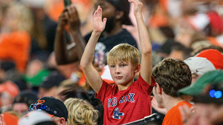 A Boston Red Sox fan reacts during the sixth inning at a game between the Baltimore Orioles and the Boston Red Sox at Oriole Park at Camden Yards.