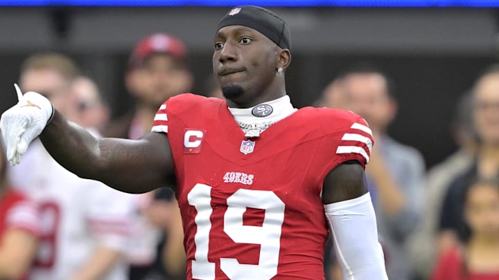Sep 17, 2023; Inglewood, California, USA;  San Francisco 49ers wide receiver Deebo Samuel (19) warms up prior to the game against the Los Angeles Rams at SoFi Stadium. Mandatory Credit: Jayne Kamin-Oncea-Imagn Images