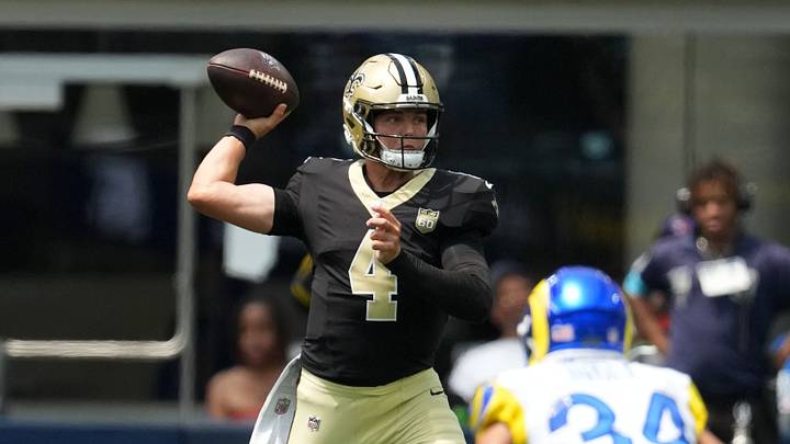 Aug 22, 2026; Inglewood, California, USA; New Orleans Saints quarterback Zach Wilson (4) throws the ball against the Los Angeles Rams in the first half at SoFi Stadium. Mandatory Credit: Kirby Lee-Imagn Images