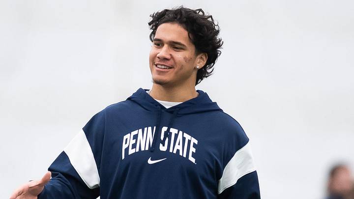 Tony Rojas, right, greets fellow linebacker Kobe King during Penn State's Pro Day in Holuba Hall on March 28, 2025, in State College. Tony Rojas, right, greets fellow linebacker Kobe King during Penn State's Pro Day in Holuba Hall on March 28, 2025, in State College.