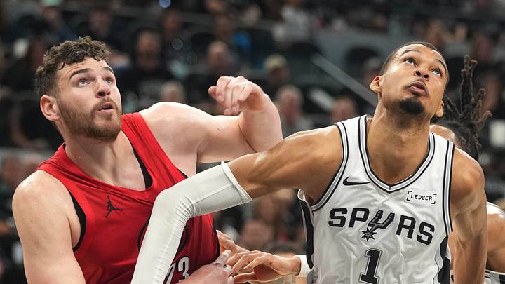 San Antonio Spurs forward Victor Wembanyama boxes out Portland Trail Blazers center Donovan Clingan. San Antonio Spurs forward Victor Wembanyama boxes out Portland Trail Blazers center Donovan Clingan.