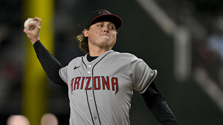 Aug 11, 2025; Arlington, Texas, USA; Arizona Diamondbacks relief pitcher Andrew Hoffmann (56) pitches during the game between the Texas Rangers and the Arizona Diamondbacks at Globe Life Field. Mandatory Credit: Jerome Miron-Imagn Images