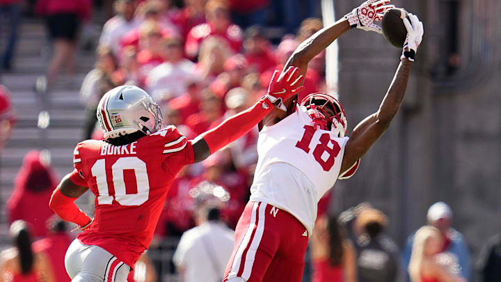 Nebraska wide receiver Isaiah Neyor attempts a catch against Ohio State on Oct. 26, 2024.
