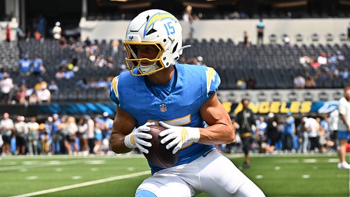 Sep 13, 2026; Inglewood, California, USA;  Los Angeles Chargers wide receiver Ladd McConkey (15) warms up prior to a game against the Arizona Cardinals at SoFi Stadium.  Mandatory Credit: William Liang-Imagn Images