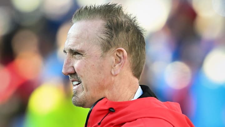 Nov 2, 2025; Orchard Park, New York, USA; Kansas City Chiefs defensive coordinator Steve Spagnuolo on the field before a game against the Buffalo Bills at Highmark Stadium. Mandatory Credit: Mark Konezny-Imagn Images