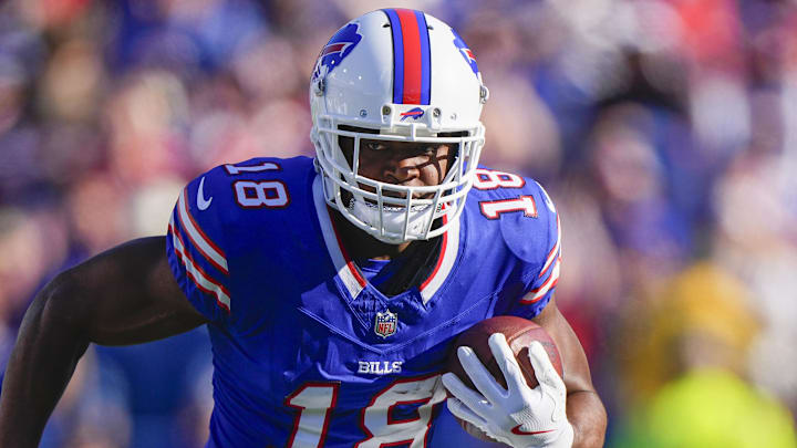Oct 20, 2024; Orchard Park, New York, USA; Buffalo Bills wide receiver Amari Cooper (18) runs with the ball after making a catch against the Tennessee Titans during the second half at Highmark Stadium. Mandatory Credit: Gregory Fisher-Imagn Images