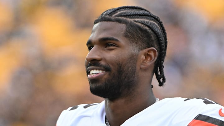 Oct 12, 2025; Pittsburgh, Pennsylvania, USA; Cleveland Browns quarterback Shedeur Sanders (12) watches the action against the Pittsburgh Steelers during the fourth quarter at Acrisure Stadium. Mandatory Credit: Barry Reeger-Imagn Images