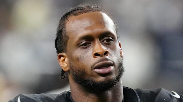 Nov 17, 2025; Paradise, Nevada, USA; Las Vegas Raiders quarterback Geno Smith (7) after the game against the Dallas Cowboys at Allegiant Stadium. Mandatory Credit: Stephen R. Sylvanie-Imagn Images