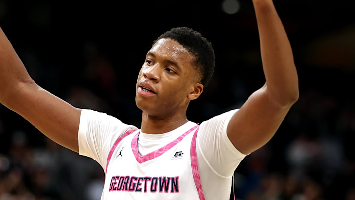 Feb 8, 2025; Washington, District of Columbia, USA; Georgetown Hoyas forward Thomas Sorber (35) celebrates during the second half against the Seton Hall Pirates at Capital One Arena. Mandatory Credit: Daniel Kucin Jr.-Imagn Images